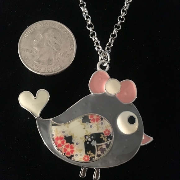 3/$25 Long Enameled Gray Bird Pendant Necklace - Picture 4 of 5